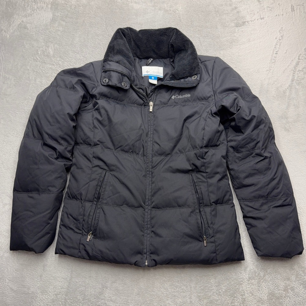 Columbia Puffer Jacket Womens Medium Black Down Fill Quilted Fleece Collar Coat